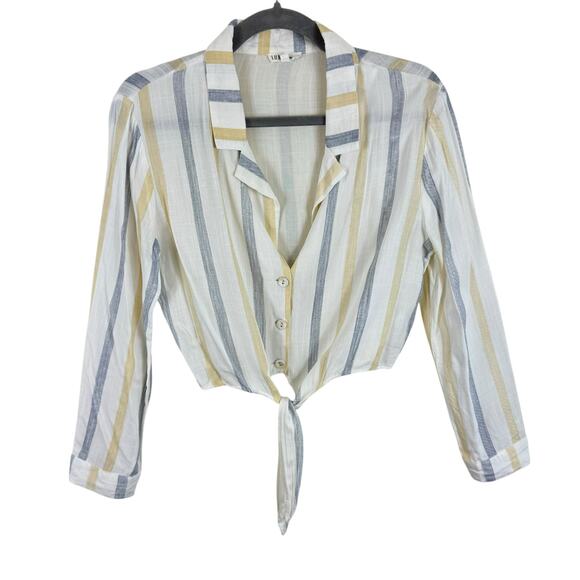 LUNIK Striped Lightweight Cropped Collared Button Up Tie Front Blouse Size M - Picture 1 of 6